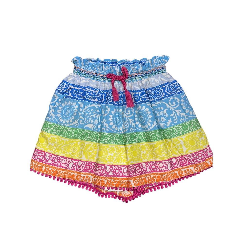 Mini Boden Girls Colorful Striped Pattern Smocked Waist Pom Pom Trim Shorts 6Y